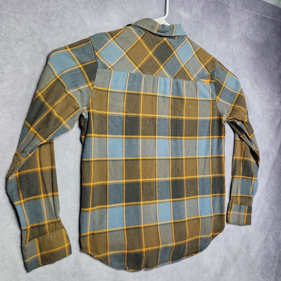 Fox Plaid Long Sleeve Flannel Shirt Mens Size L Blue Brown Gold - Picture 8 of 16